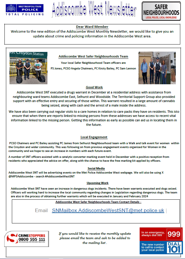 MPSAddiscombe's tweet photo. Addiscombe West newsletter https://t.co/OWEoTZTxdA