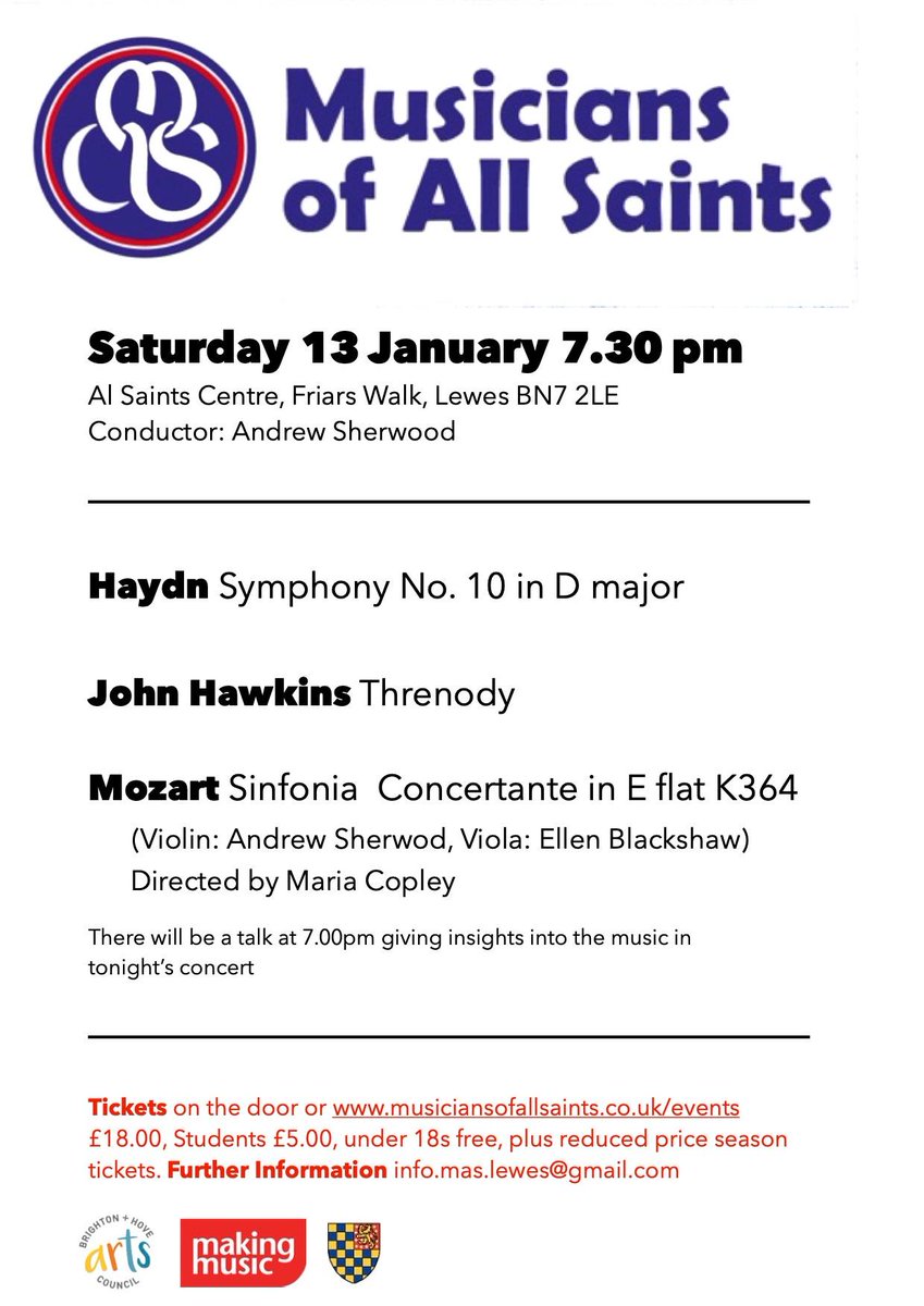 Join @MAS_Lewes for their first concert of the year on Saturday 13 January 2024, when Andrew Sherwood will present John Hawkins' 'Threnody', in addition to two works by Haydn and Mozart, featuring Ellie Blackshaw on viola.