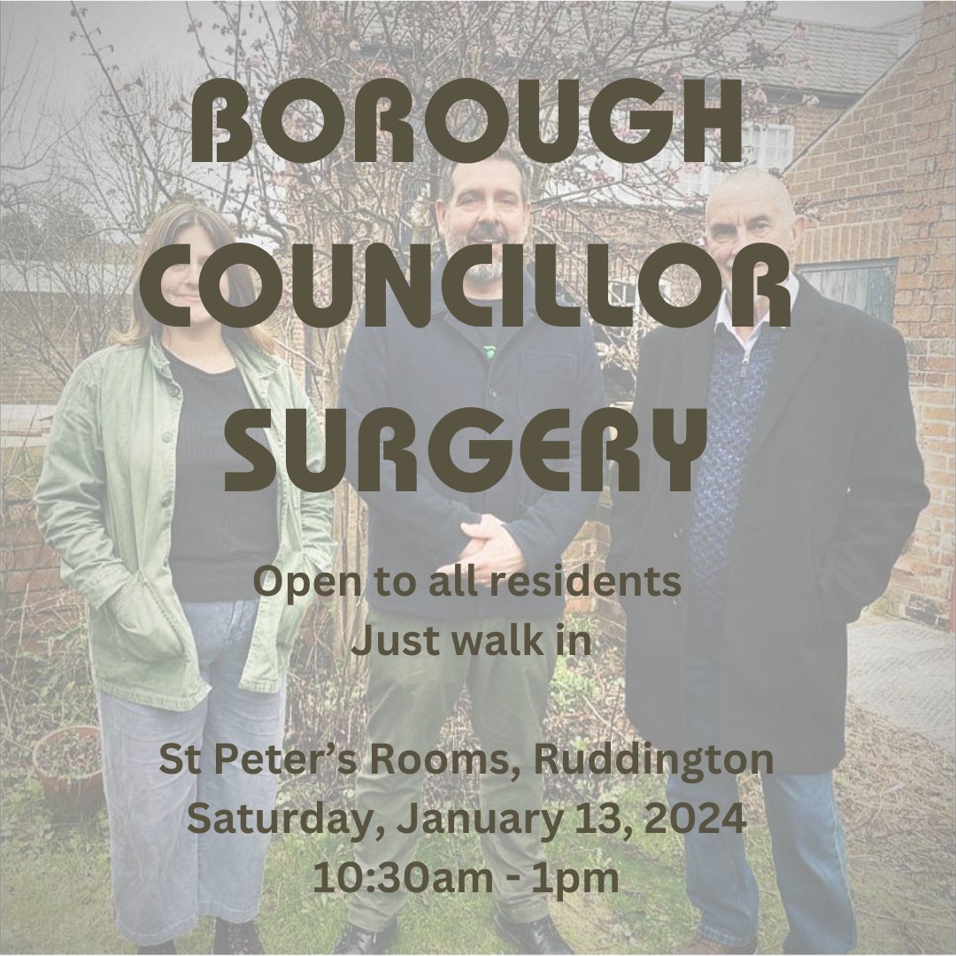 ruddcllrs's tweet photo. ‼️Borough Councillor Surgery‼️ 

🏛️Ruddington’s St Peter’s Rooms (opposite Co-op) 

📅 Saturday, January 13 

🕰️10:30am - 1pm 

Surgeries are open to all residents. 

No appointment necessary. 

#surgery #cllrsurgery #ruddington #ruddingtonward #rushcliffe #rbc https://t.co/RWithG6DCp