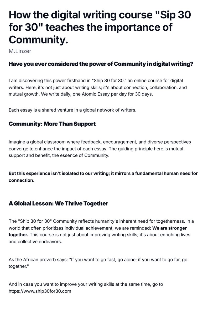 TheMarcL's tweet photo. How the digital writing course "Sip 30 for 30" teaches the importance of Community.
Shoutout to @dickiebush and @Nicolascole77 for such a fantastic experience and value.
#Ship30 #DigitalWriter #Community #StrongerTogether https://t.co/jr3GWUcNzV