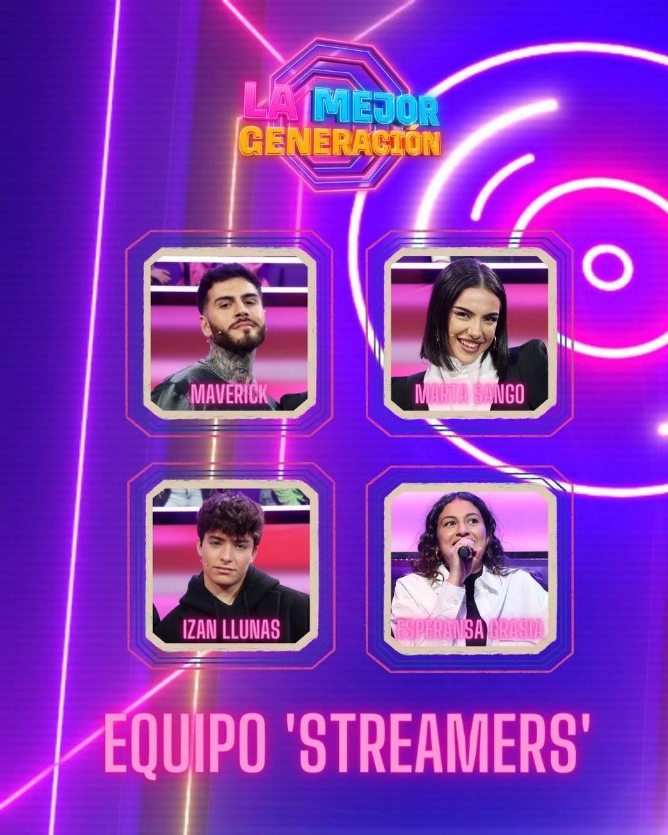 📱 EQUIPO 'STREAMERS' 📱 

👩‍✈️  Esperansa Grasia, capitana de grada
🎤 <a href="/MartaSango0/">Marta Sango</a>
🎤 <a href="/MaverickOficial/">Maverick</a>
🎤 Izan Llunas

Lunes 22:50 | #LaMejorGeneración | bit.ly/3vo7EfY