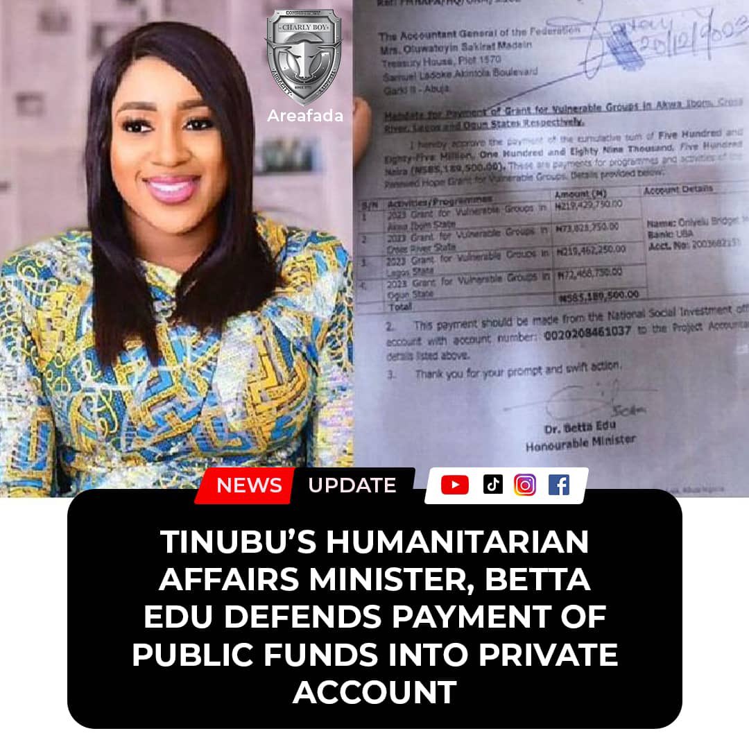 Tinubu’s Humanitarian Affairs Minister, Betta Edu Defends Payment Of Public Funds Into Private Account

Word on the street is that Tinubu's Minister of Humanitarian Affairs, Betta Edu, is out here defending the transfer of public funds into private accounts.

Now, I need someone