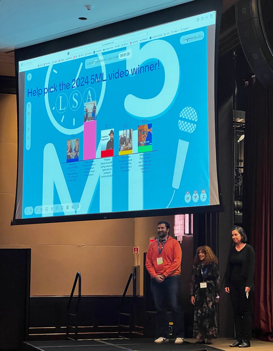 LingSocAm's tweet image. Thank you to the presenters, the judging panel, and all who made the #LSA2024 Five-Minute Linguist an unforgettable celebration of linguistic research. Congratulations to this year&apos;s winners.