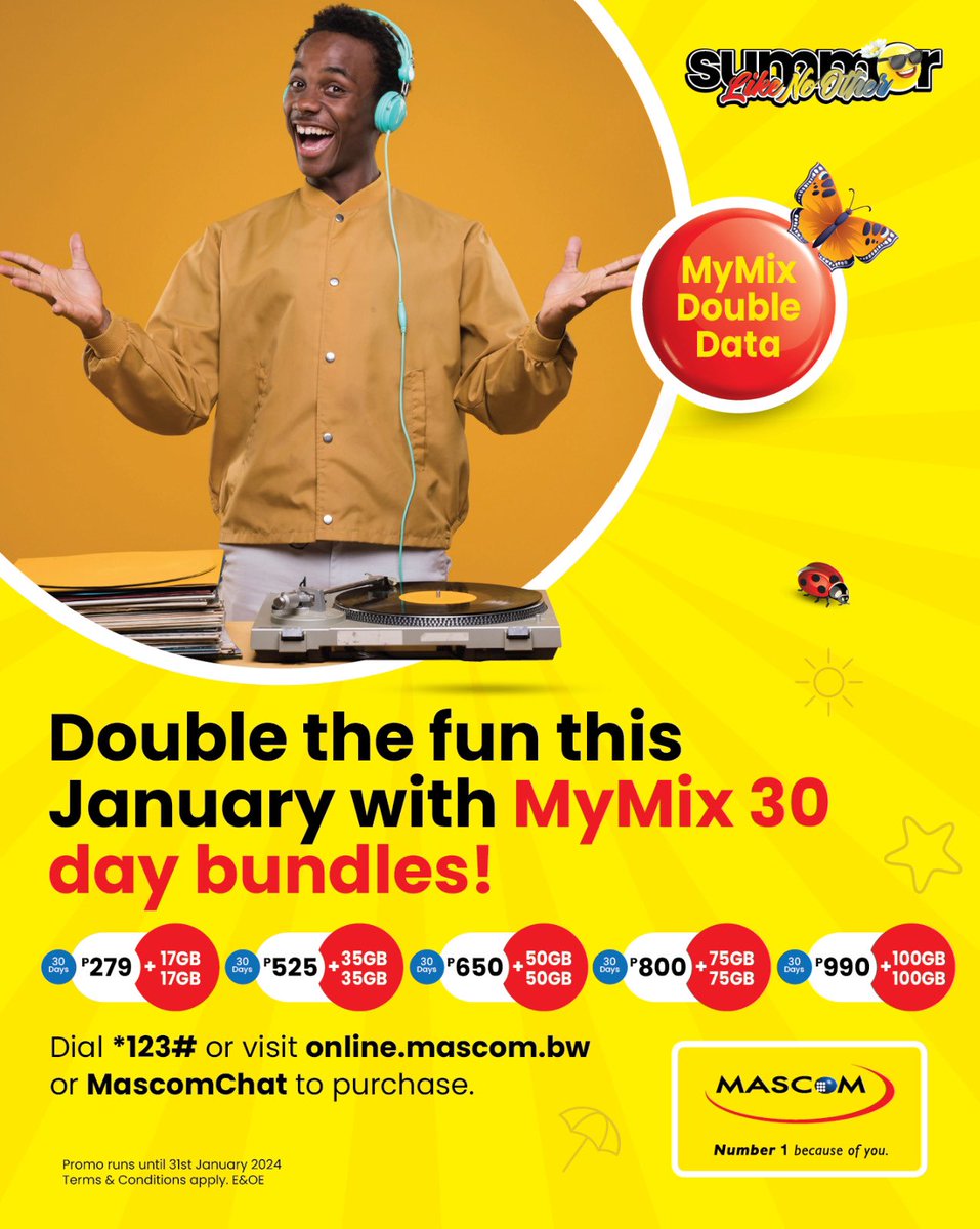 MascomWireless's tweet photo. Don't let January drag – subscribe to any of our MyMix 30-day bundles today via *123# or https://t.co/8B8ljNZhYg.
Enjoy a 100% bonus data offer that keeps you connected throughout the month ahead!
#Number1BecauseOfYou #MyMix #SummerLikeNoOther https://t.co/LMkSzljBGg