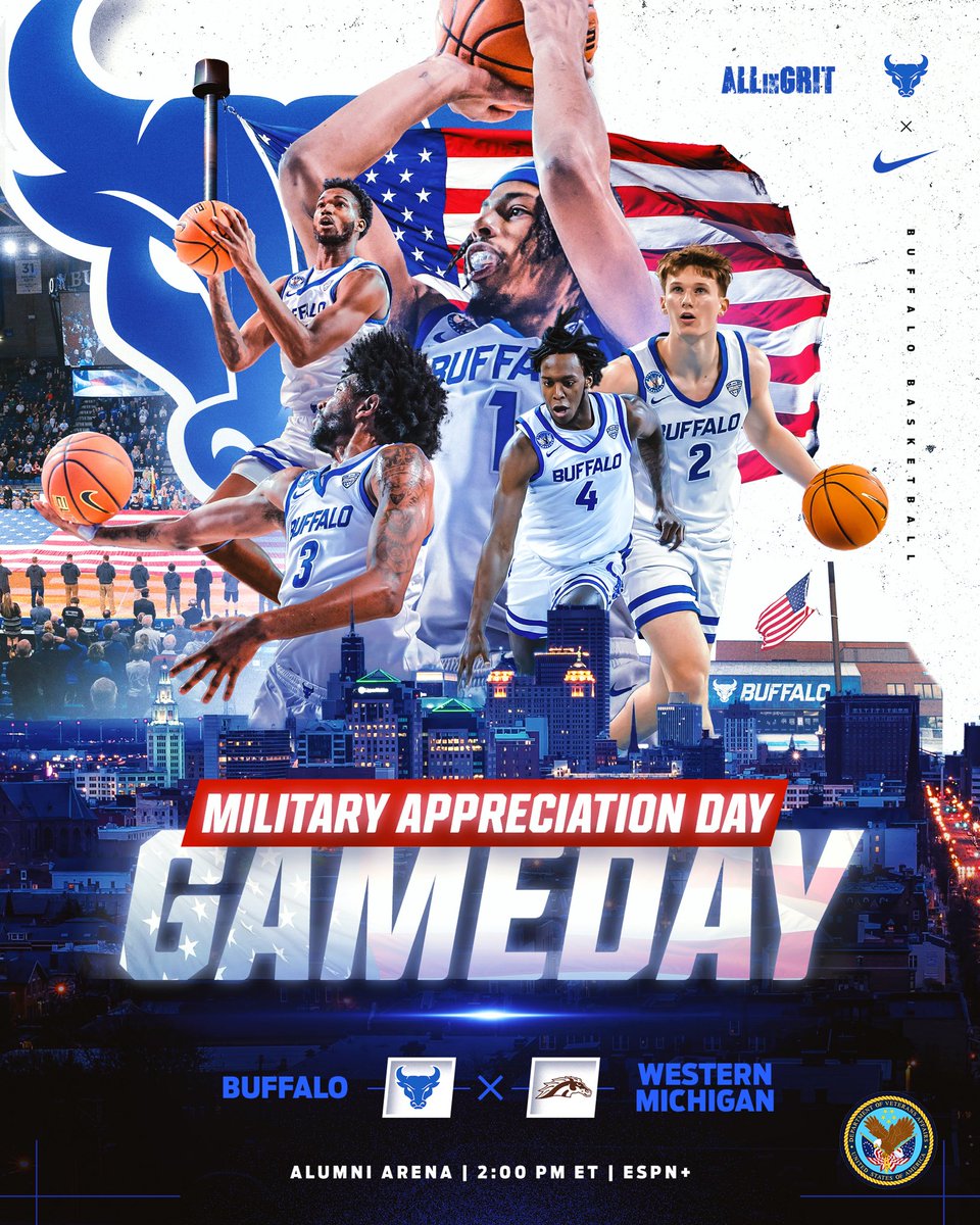 UBuffaloMBB's tweet photo. ⚪️🔵 GAME DAY ⚪️🔵

🆚 Western Michigan
📍 Buffalo, NY
🏟️ Alumni Arena
🕖 2:00 pm 🕑 
📊 https://t.co/Sq3WlNwCOI
📺 ESPN+: https://t.co/dm0qpoIYaZ
🎟️ https://t.co/BTrun1gZG4

#UBhornsUP🤘 #ALLinGRIT https://t.co/r891aYdfRK