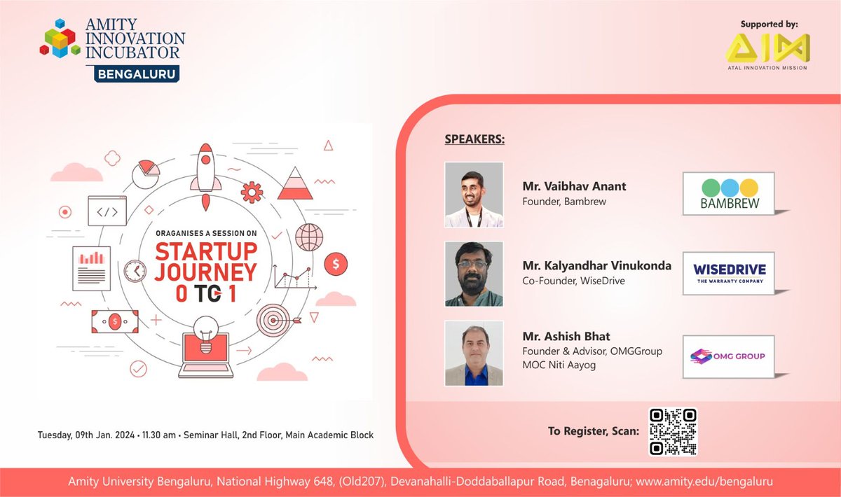 amityincubator's tweet photo. Amity Innovation Incubator, Bengaluru is hosting an inspiring event - "Startup Journey - 0 to 1" on Tuesday, January 09, 24. https://t.co/41xiJ9LEXw