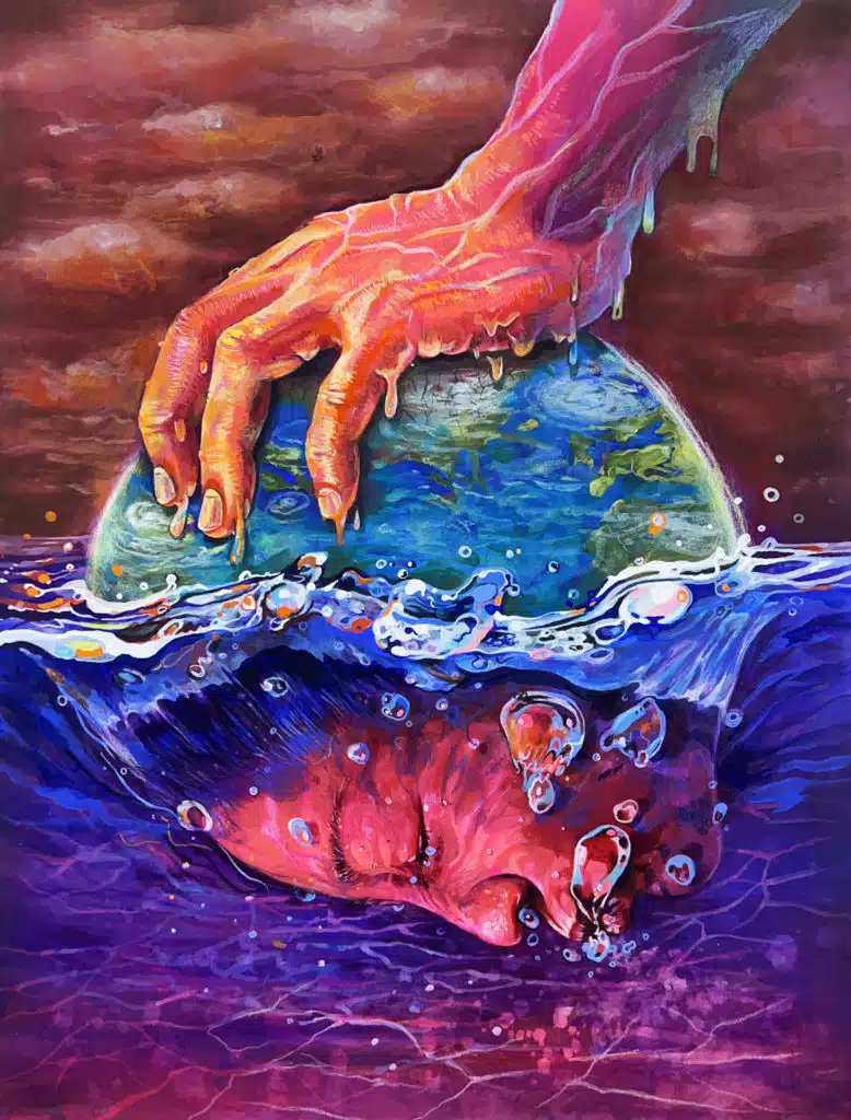 EarthKeeper22's tweet photo. GREED & SELFISHNESS
Earth is warming because humanity is releasing too much #FossilFuel emissions & destroyed #ecosystem carbon sink #CO2 into the atmosphere. As a result, glaciers are melting & sea levels are rising. The human majority is ignoring this thinking of it like a distant story. But it's a serious problem globally connecting all our lives.

Lo Kim, teen student artist of Seoul S. Korea expresses what's happening in this powerful image. She painted herself in the #water with the Earth. The hand pressing down on her is a symbol of human #greed & selfishness🦋LJC

#GlobalWarming #ClimateAction #ClimateBrawl #EarthKeepersUnite
