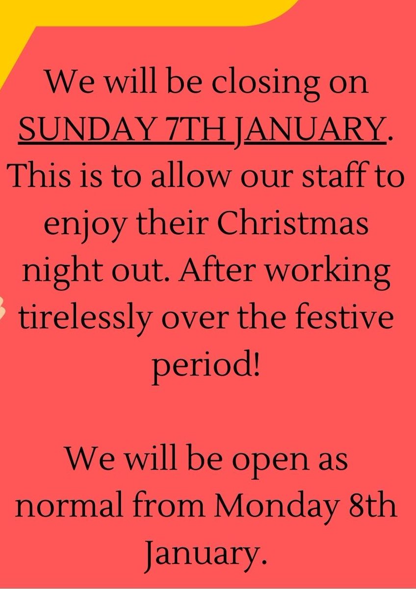 🩷CUSTOMER NOTICE💚

Sunday 7th January we will be closed for the day. To allow our staff to enjoy their Christmas Day &amp; night out after working tirelessly over the festive period.

We will be back open as normal from Monday 8th January.

Thank you for your understanding!❤️
