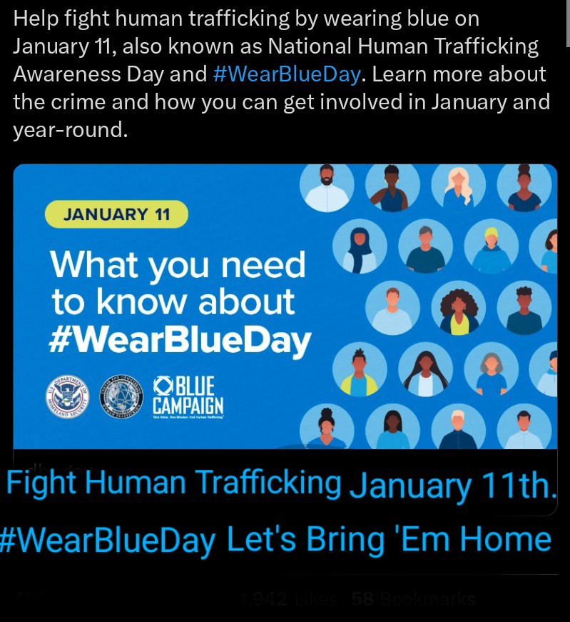 #January11th2024 #WearBlueDay in recognition of Human Trafficking. 

Between 2008 & 2019 the number of #humantraffickingvictims identified worldwide more than #quadrupled from around 30,000 to nearly 120,000.

Recognizing #LaborTrafficking
Labor trafficking includes situations…