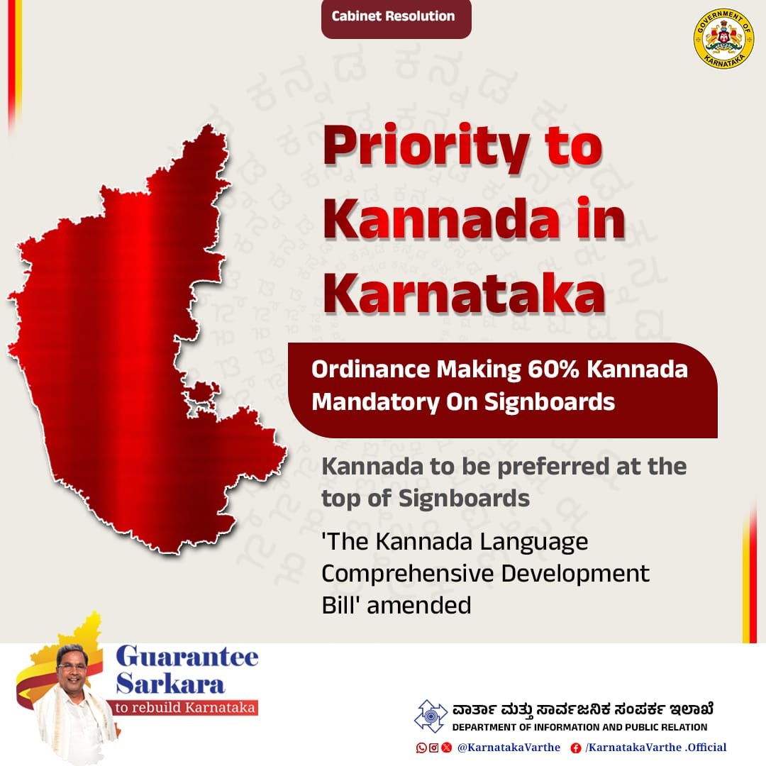 The Karnataka Cabinet has decided to amend the 'Kannada Language Comprehensive Development Bill' to issue an ordinance making it mandatory to use 60% Kannada on the signboards of shops, hotels, commercial complexes and industries across the state. #kannada #karnataka #nameboard