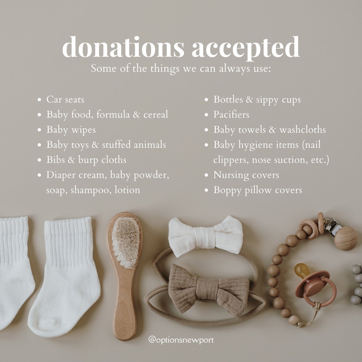 We can always use donations―from car seats and baby food to bath and hygiene items. 👶 You can drop items off at our office during regular business hours: Mon 12–6pm, Tues 10am-4pm and Thurs & Fri 12–4pm. • Thank you for giving! 
#donationsappreciated #optionsnewport