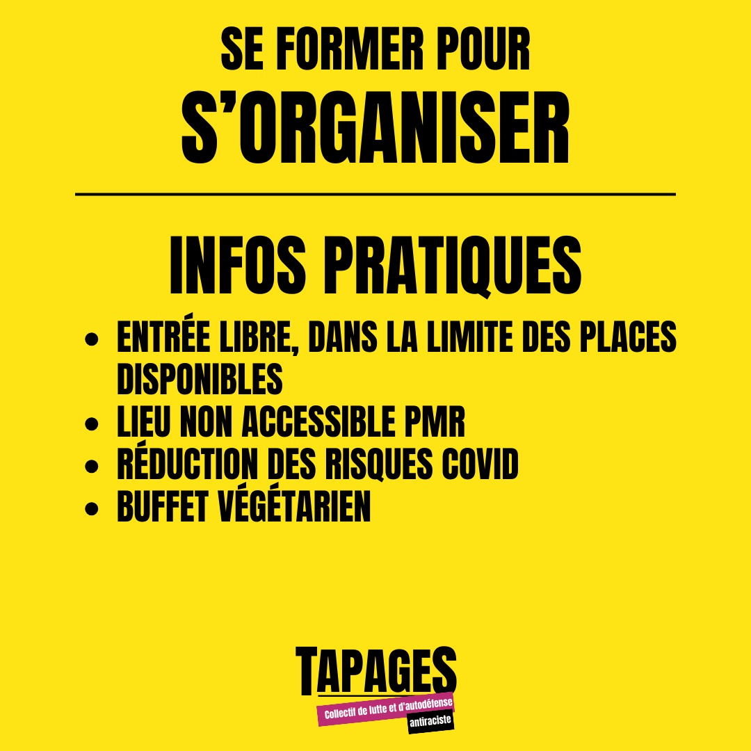 tapages_coll's tweet photo. Ce dimanche  14 janvier à 16h00, TAPAGES organise un atelier pour se former à  l'auto-organisation antiraciste. Cet atelier est à la portée de tout le  monde, peut-importe votre expérience militante. https://t.co/hOPY5GXVij