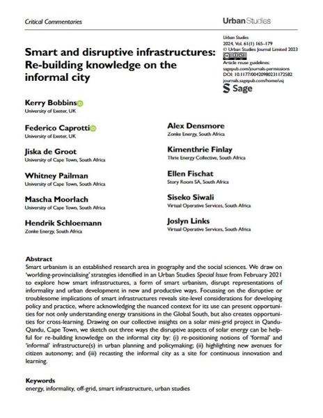 USJ_online's tweet image. Smart and disruptive infrastructures: Re-building knowledge on the informal city #CriticalCommentary by Kerry Bobbins et al
ow.ly/nHqu50QnrGy
#OpenAccess #energy #informality #SmartInfrastructure
@UMBANEinnovati1