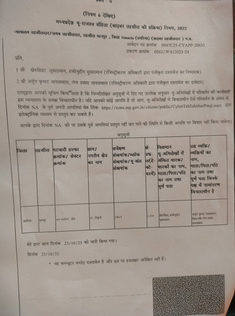 arjunjaiswal01's tweet photo. मैने 23 OCT 2023 को रजिस्ट्री करवाया था, नामांतरण की प्रक्रिया साइबर तहसील के अंतर्गत होनी है लेकिन आज दिनांक तक नामांतरण नही हुआ है। https://t.co/mFGUN7xdAM