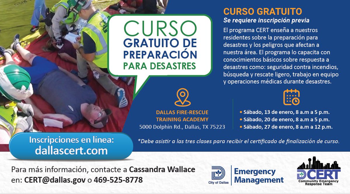 dallaslibrary's tweet photo. Curso gratuito de preparación para desastres en Dallas Fire-Rescue Training Academy. Para más información, contacte a Cassandra Wallas en: CERT@dallas.gov o 469-535-8778. @DallasCERT https://t.co/hVxEiEzhZw