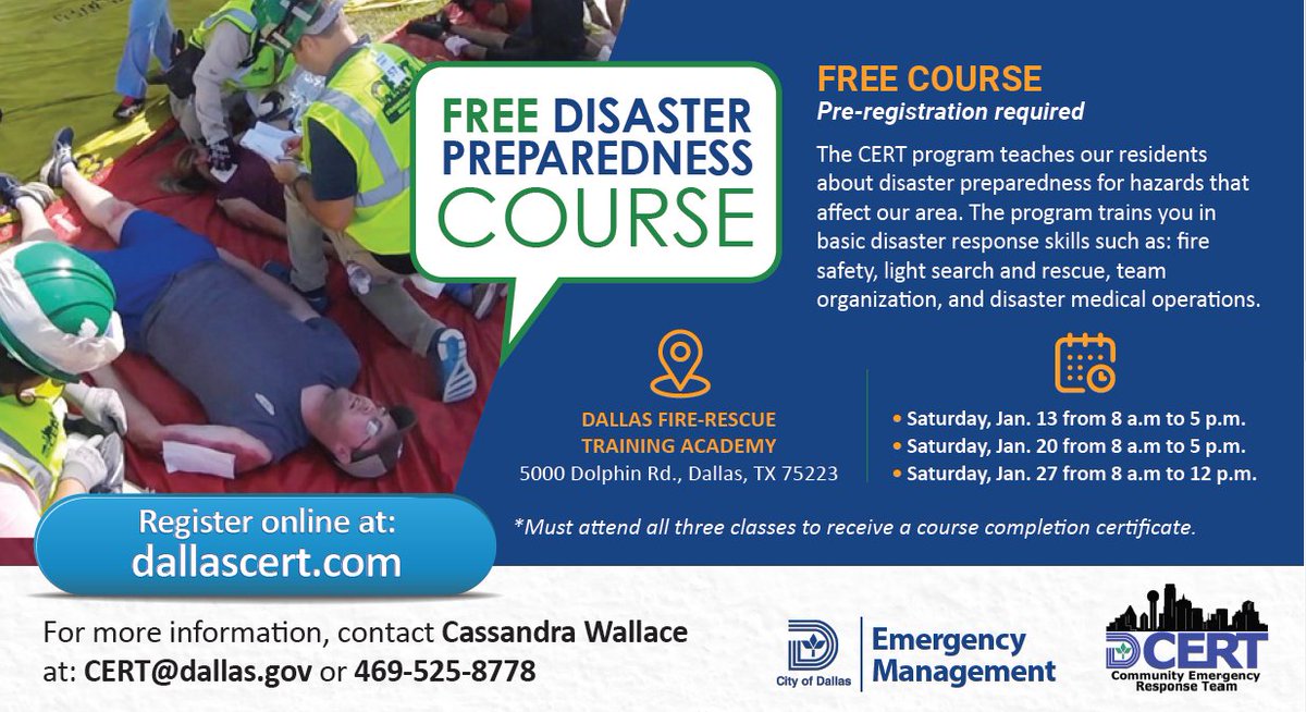dallaslibrary's tweet photo. Free disaster preparedness course at Dallas Fire-Rescue Training Academy. For more information, contact Cassandra Wallace at: CERT@dallas.gov or 469-525-8778. @DallasCERT https://t.co/90hQzBEpbm