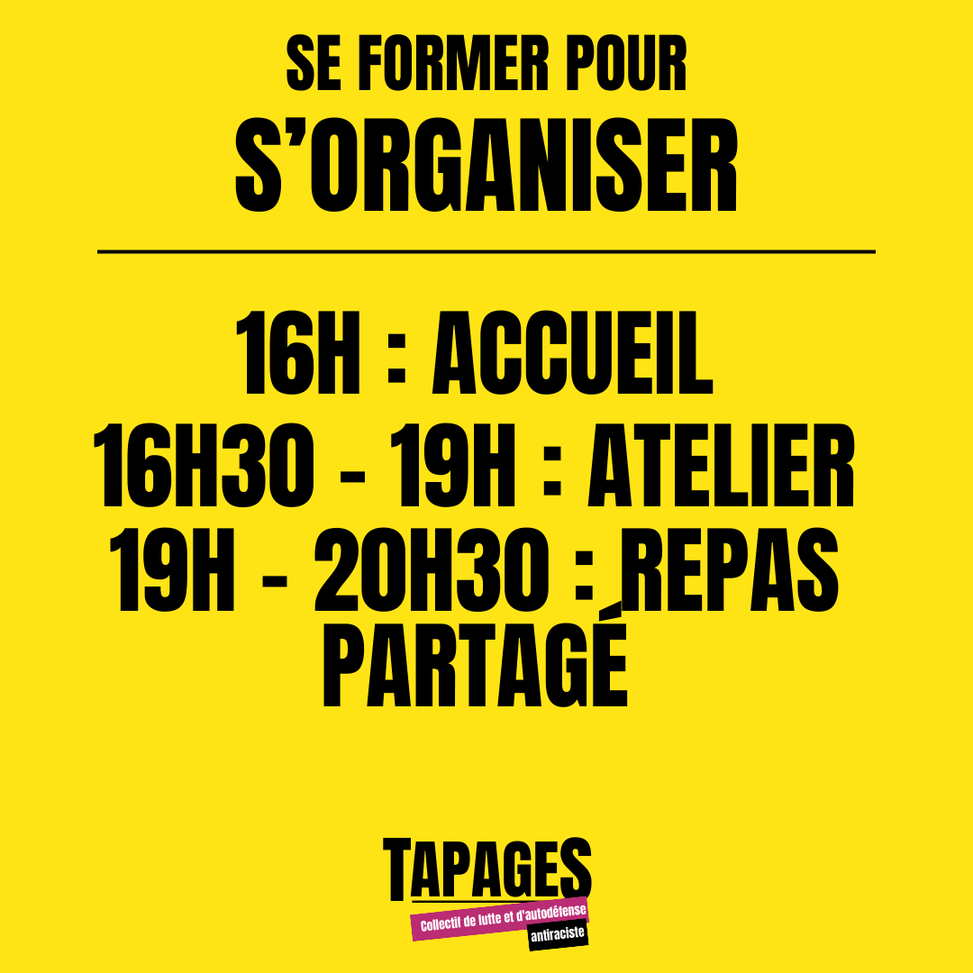 tapages_coll's tweet photo. Ce dimanche  14 janvier à 16h00, TAPAGES organise un atelier pour se former à  l'auto-organisation antiraciste. Cet atelier est à la portée de tout le  monde, peut-importe votre expérience militante. https://t.co/hOPY5GXVij