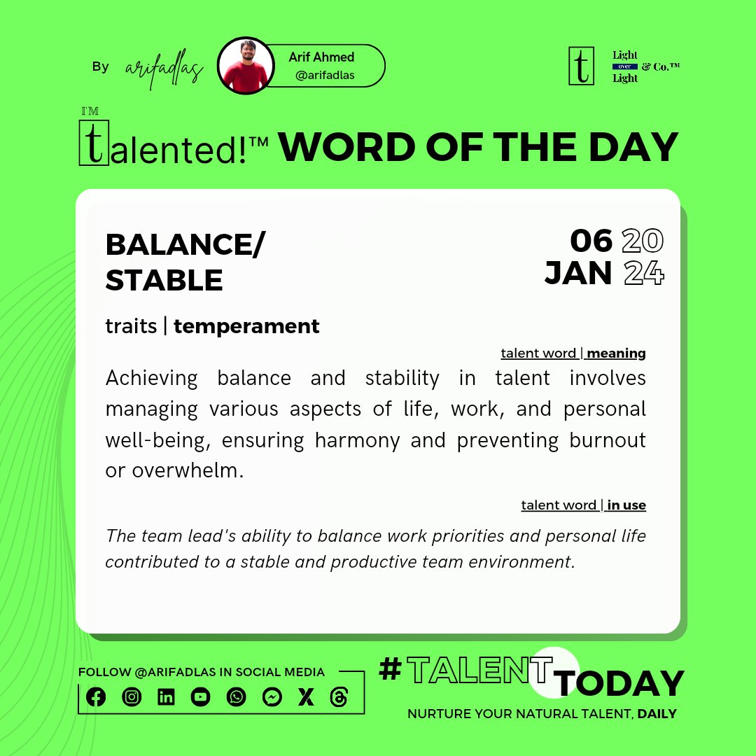 arifadlas's tweet photo. Strive for balance, embrace stability. ⚖️✨ Find harmony in managing work and life to foster a stable and thriving environment. 

#TalentToday #ArifAdlas #Hybrid #FutureReady #Talent #Tech #Transformation #ImpactABillionLives #LightoverLight  #TheLightEducation #CHOICE https://t.co/4i3YMS3ZPQ
