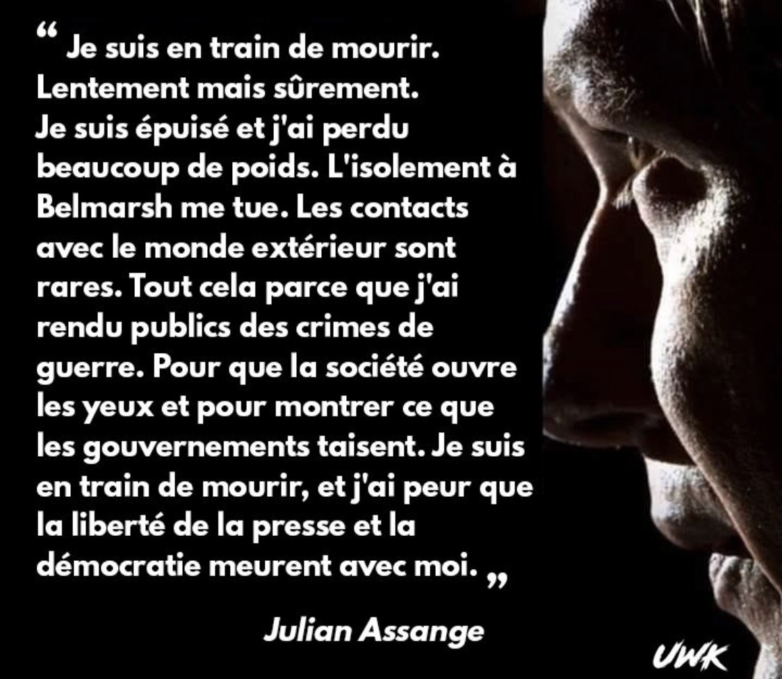 « Je suis en train de mourir.
Lentement mais sûrement.

Je suis épuisé et j'ai perdu beaucoup de poids. L'isolement à Belmarsh me tue. Les contacts avec le monde extérieur sont rares. 

Tout cela parce que j'ai rendu publics des crimes de guerre. Pour que la société ouvre les