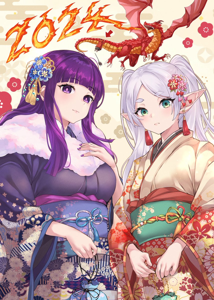 fern (sousou no frieren) ,frieren multiple girls 2girls japanese clothes kimono dragon pointy ears purple eyes  illustration images