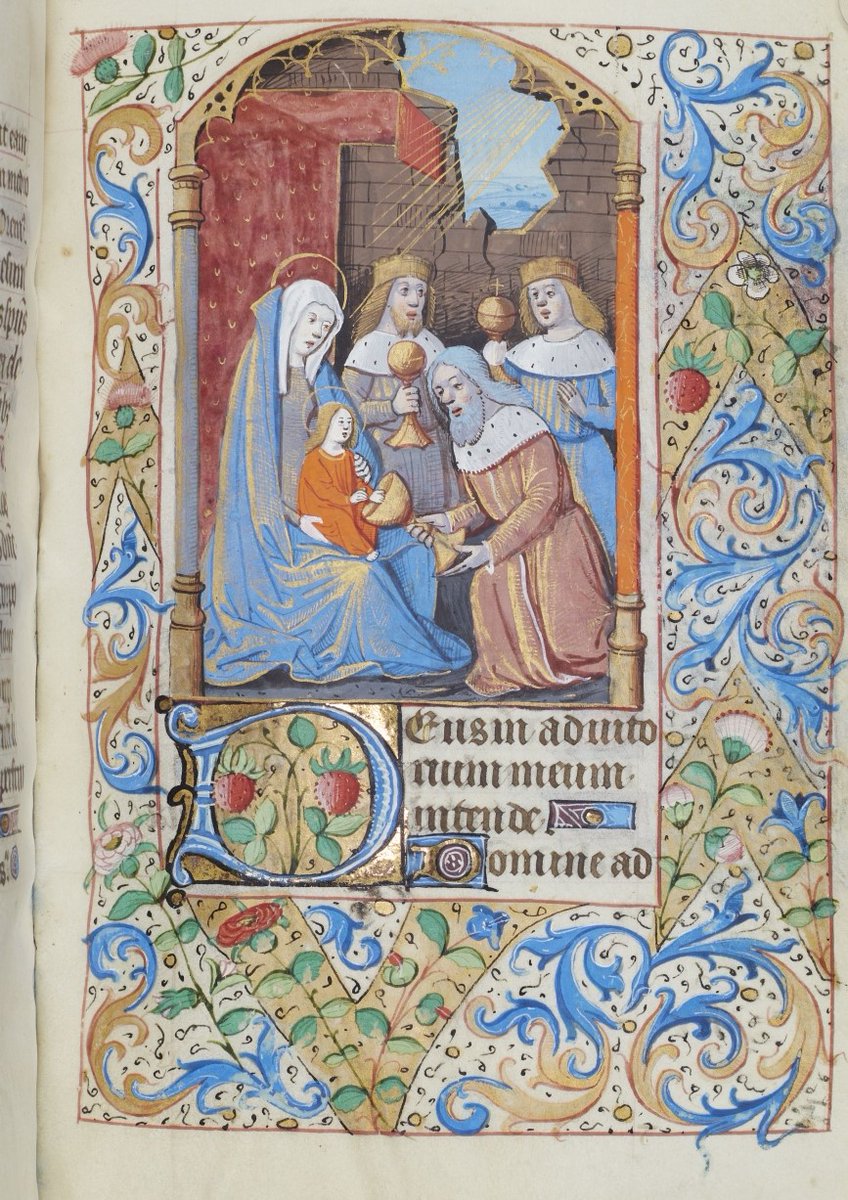 The Feast of the Epiphany. Matthew 2.11: 'On coming to the house, they saw the child with his mother Mary, and they bowed down and worshiped him. Then they opened their treasures and presented him with gifts of gold, frankincense and myrrh.' (Honresfield Hours, LPL MS5204 f. 69r)