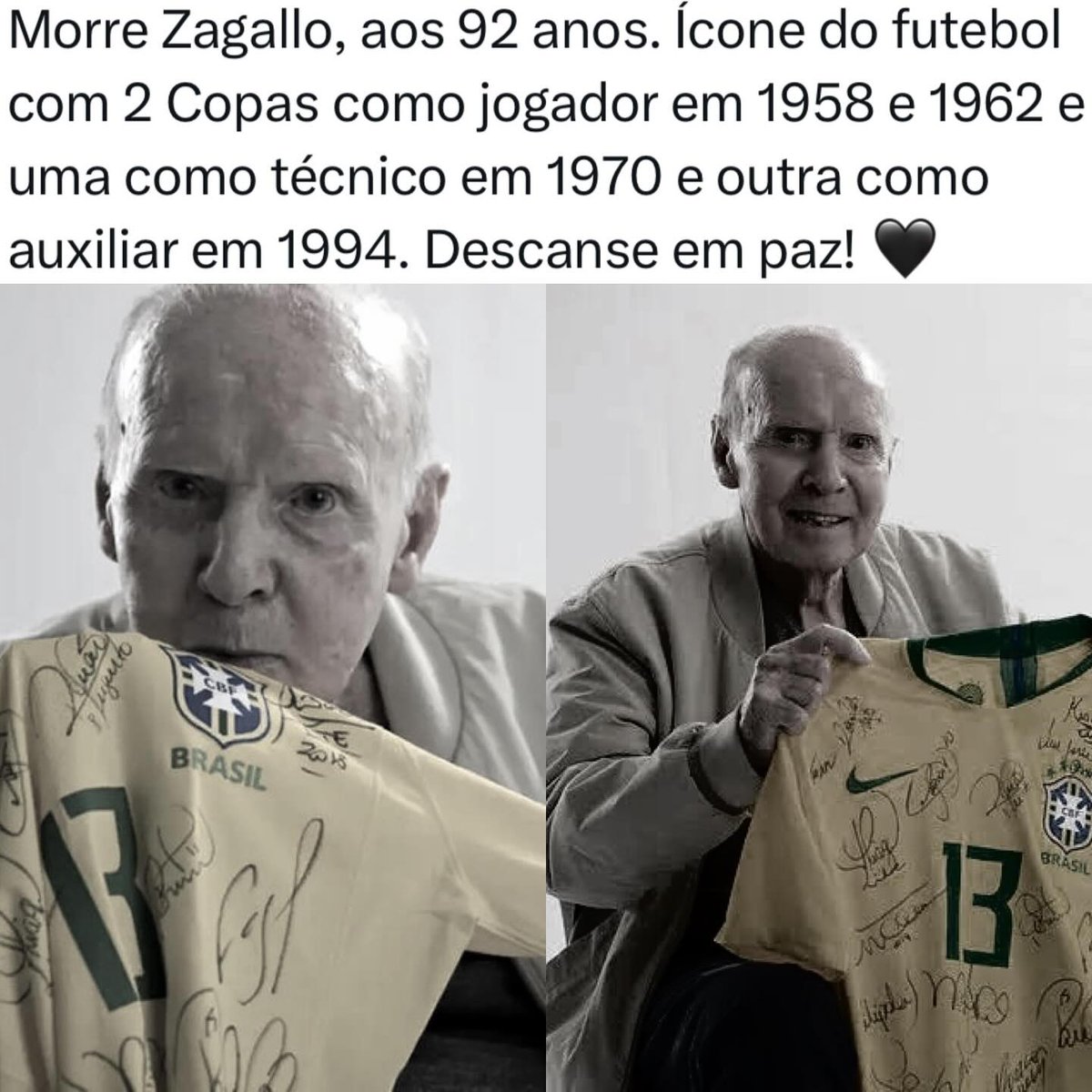 fofocabr22's tweet photo. BRASIL: Zagallo, único tetracampeão mundial de futebol, morre aos 92 anos. O ex-jogador estava internado desde o fim de dezembro e teve falência múltipla de órgãos.

Siga↪️ @_fofocabr22 para mais notícias https://t.co/NZEniLPVAv