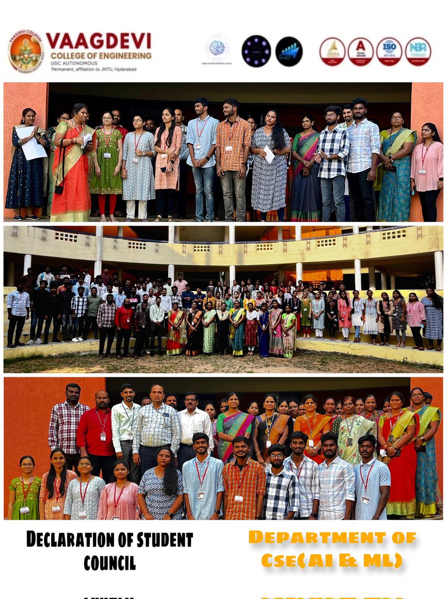 vaagdevicollege's tweet photo. The Department of CSE (AI &amp; ML),VCE has its students council announced for AIMER SOCIETY, AI HUB CLUBS &amp; SKILLUP CLUB.
LOOKING FORWARD FOR EVENTFUL and engaging new year. https://t.co/Gjvn1AKmoN