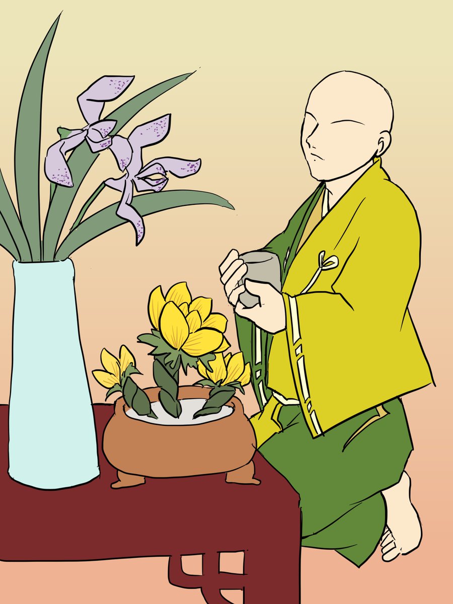 本日はお題、「福」ということで。私本太平記より、福寿草と春蘭を並べ、茶を喫する道誉。
まぁ、お正月のワンシーンとして書かれているシーンなので、お年賀ついでに(笑)。
 #歴創版日本史ワンドロワンライ #南北朝版深夜の真剣お絵かき60分一本勝負
