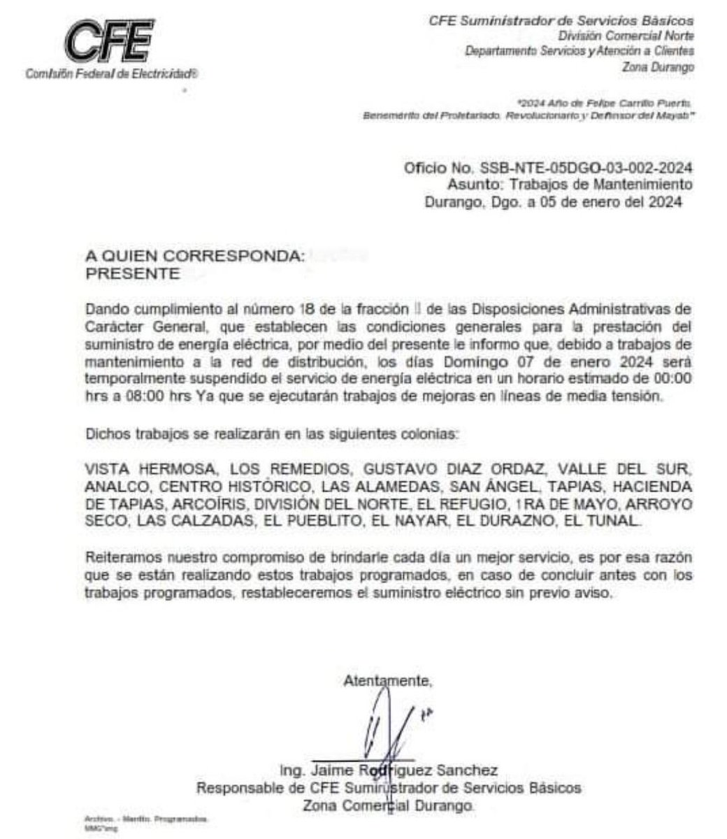 Canal12Dgo's tweet photo. #Atención | #Durango

Se prevé apagón para este domingo 07 de enero 

Estas son las colonias y el horario programado ⬇️

Tomen sus precauciones https://t.co/JpX3jh0g8p