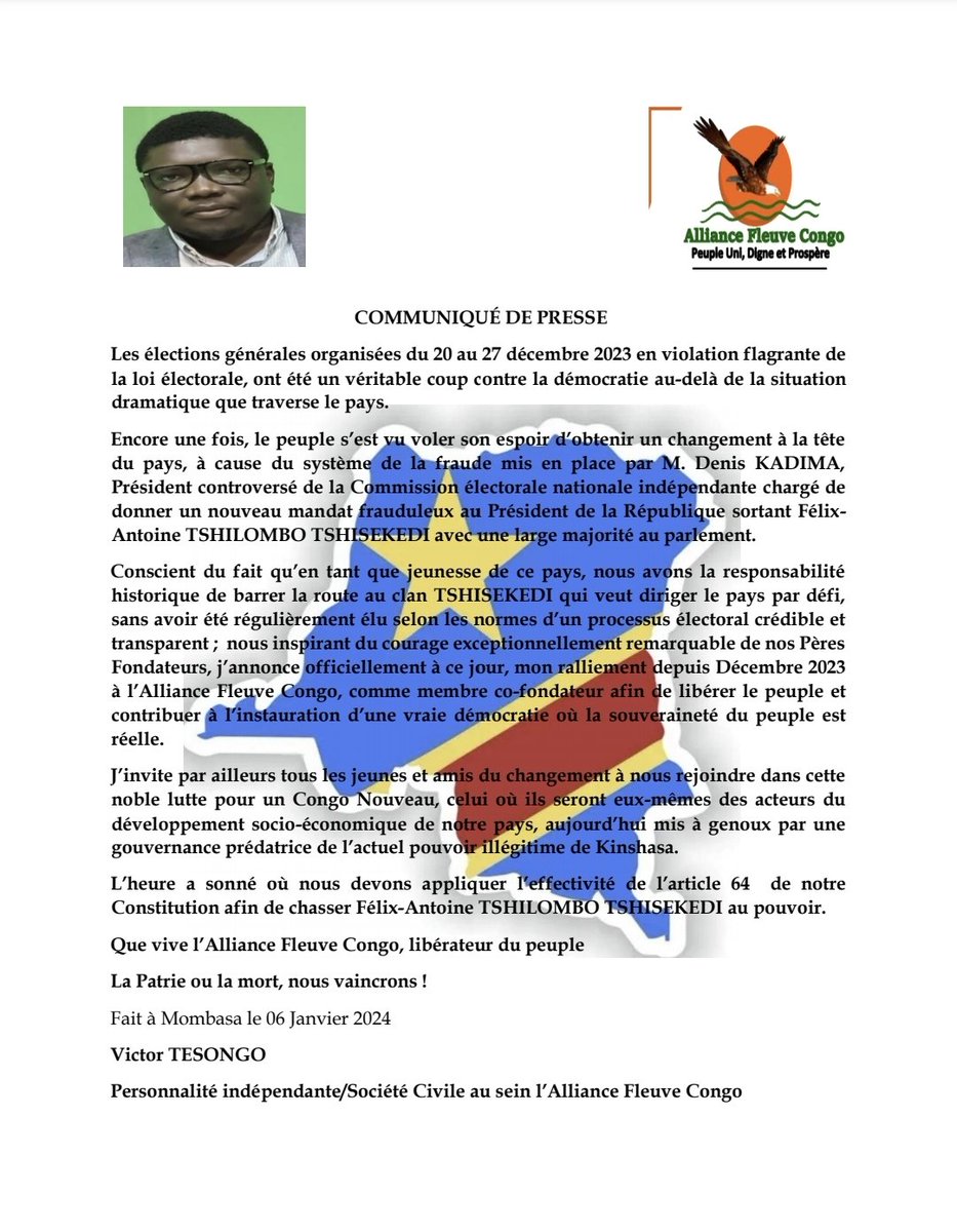TesongoVictor's tweet photo. Nous avons décidé de rejoindre l'Alliance Fleuve Congo @AfcCongo dès sa création 
pour sauver le pays aux mains du Prédateur #Tshisekedi
Observer c'est être complice du malheur des congolais. es
Entant que patriote nous devons user nos forces pour sauver le pays...
#COMMUNIQUÉ👇 https://t.co/cKCoB4VcBO
