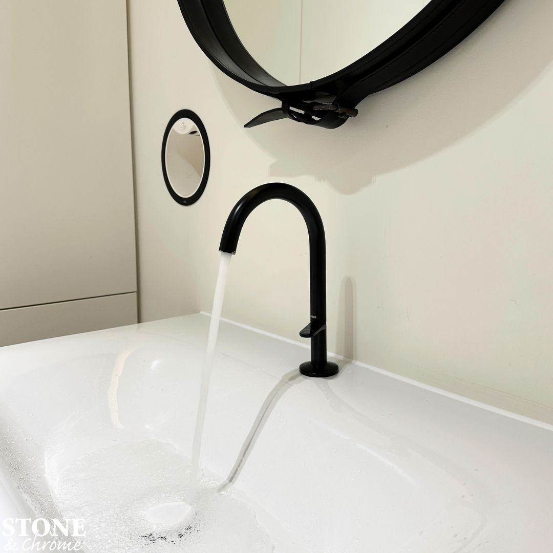 A moment of tranquility 🖤 - AXOR One basin mixer, in Matt Black. - BetteLux Shape basin. --- 📧 enquiries@stoneandchrome.com 💻 stoneandchrome.com 📞 01276 61000