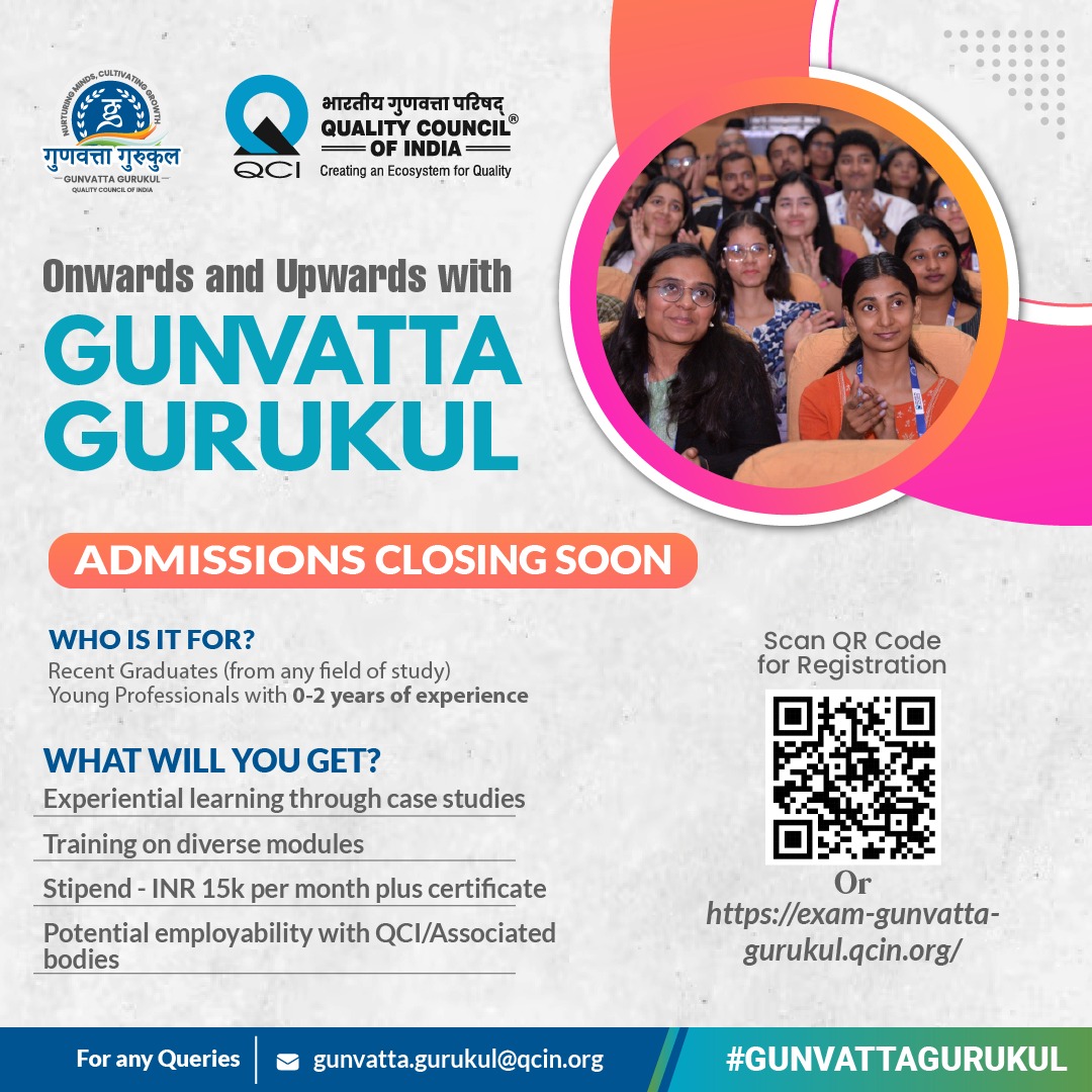 QualityCouncil's tweet photo. Igniting potential, empowering possibilities!
Admissions closing soon for Gunvatta Gurukul. Click here to apply now: https://t.co/ulbyZnZcLi
#GunvattaGurukul #Learning #Knowledge #IndustryReady #EarnWhileYouLearn #QCI #NABH #NABL #NABCB #NBQP #NABET https://t.co/dwDDZ9jf5y