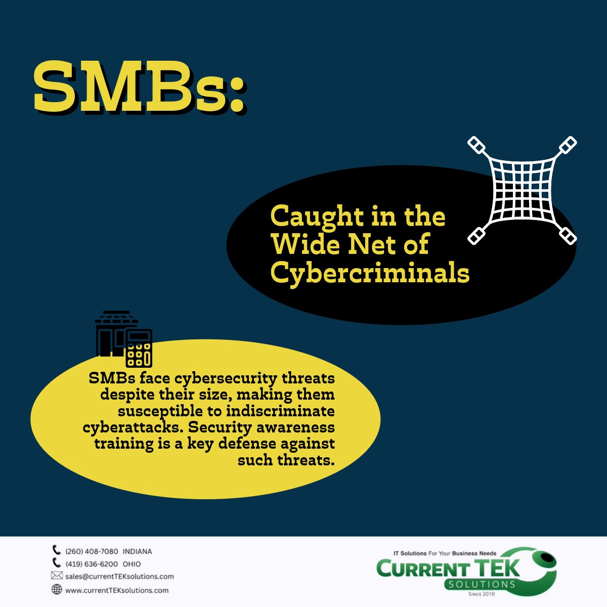currentTEK's tweet image. One of the reasons why SMBs need to focus on Cybersecurity Awareness Training 👨‍💻

SMBs:
Caught in the Wide Net of Cybercriminals. 👾

#CybersecurityAwarenessTraining #Cybersecurity #SMBs