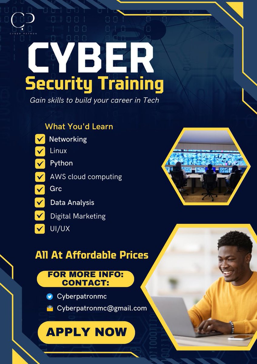 _DeejustDee's tweet photo. @CyberPatronMC training is coming up again and this time we’re doing for other tech career paths all at an affordable rate. 

Fill the form below, details of registration and payment will be shared. Ensure you have a good laptop before joining in. https://t.co/KLMl5GoUYO