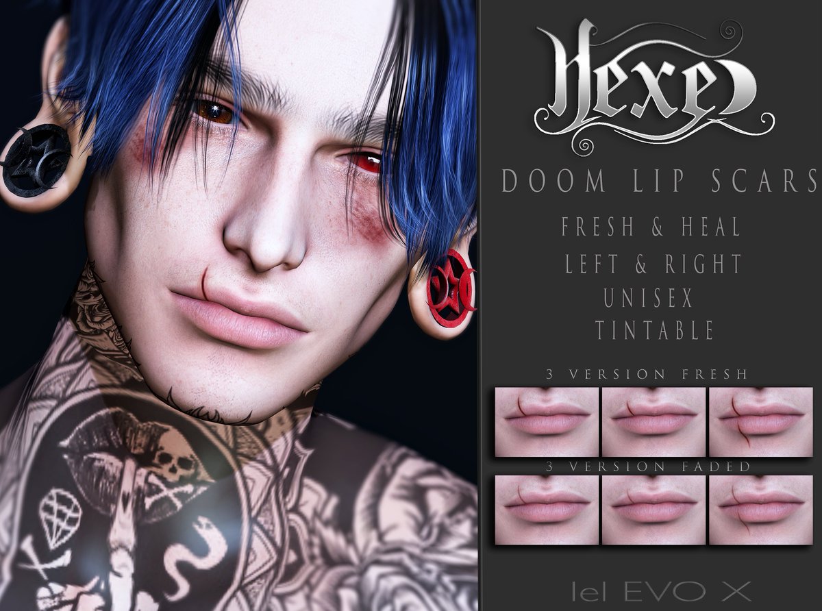 DaeHexem's tweet photo. DOOM LIP SCARS UPDATE
Left & Right Version Update
Fresh & Heal Version Update
3 Version Scars shape
Tintable
Unisex
only Bom EvoX for #Lelutka #Akeruka #Catwa
https://t.co/prCiBAP1OS
https://t.co/S30za8BN4Q https://t.co/19AREn9ik3