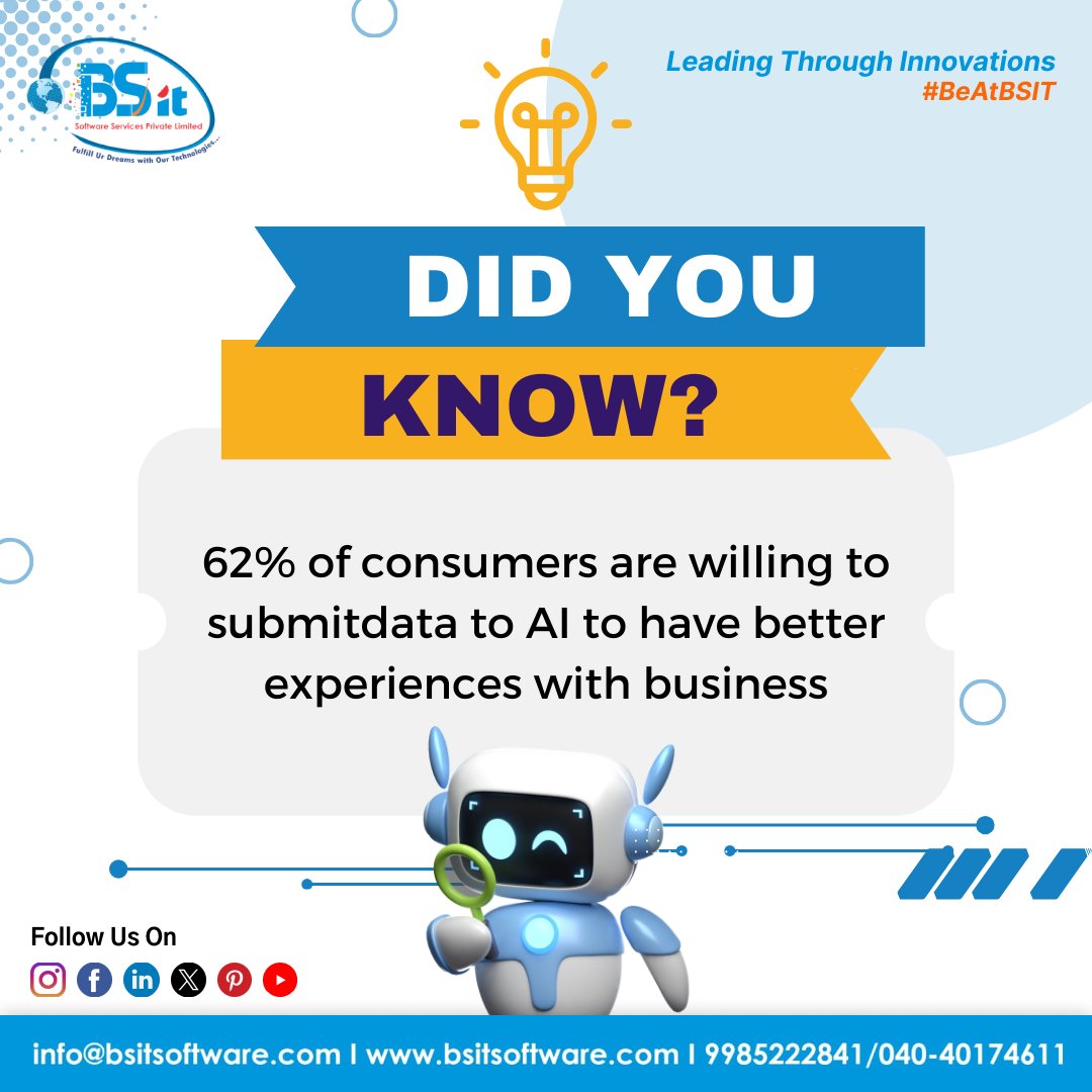 bsitsoftware's tweet photo. Did you know?-62% of consumers are willing to submit data to AI for better experiences with businesses.  #bsitsoftware #bsit #AIInsights #DataDrivenExperiences #ConsumerBehavior #TechFacts #DigitalInnovation #AIIntegration #CustomerExperience #DataSharing #InformedConsumers https://t.co/9a9CwtCJ1b