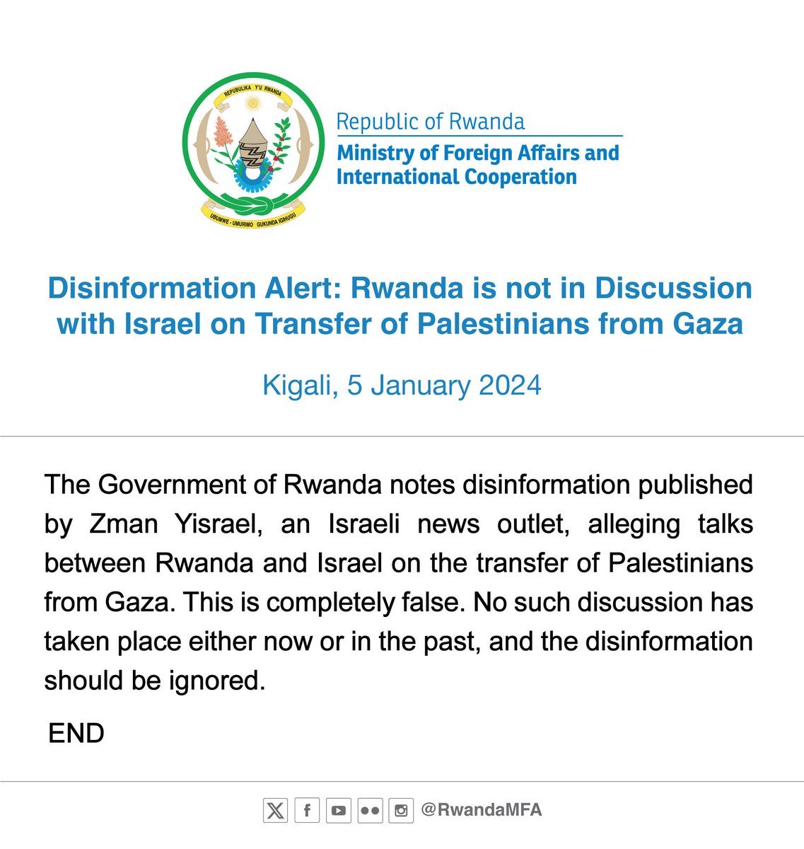 Le gov du #Rwanda réfute les affirmations du média israélien Zman Yisrael concernant les négociations sur les transferts de Palestiniens depuis Gaza.officiel: « Aucune discussion de ce type n'a eu lieu, ni maintenant ni dans le passé, et la désinformation doit être ignorée. »#RBA