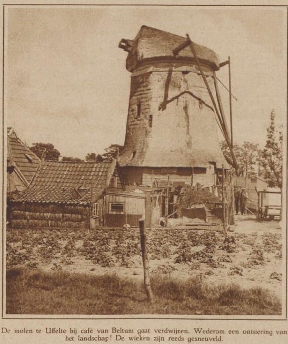 Gelkinghe's tweet photo. In #Uffelte was er wel een molenberg, wist ik, maar de molen was al in 1929 gesloopt. Een heldere foto ervan kende ik niet. Nu kwam ik eentje tegen van vlak voor de sloop. Bron: Eigen Erf, 23 juli 1928: https://t.co/PKTJ5ti0ms