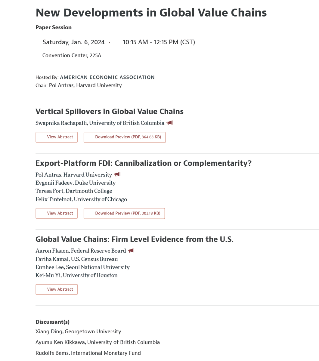 For those planning to attend, I'm told it's likely to start a few minutes late (around 12:45pm) to give more time for folks to make their way from the morning session...

... which is a good thing because I'm presenting in this great session on New Developments in GVCs! #ASSA2024