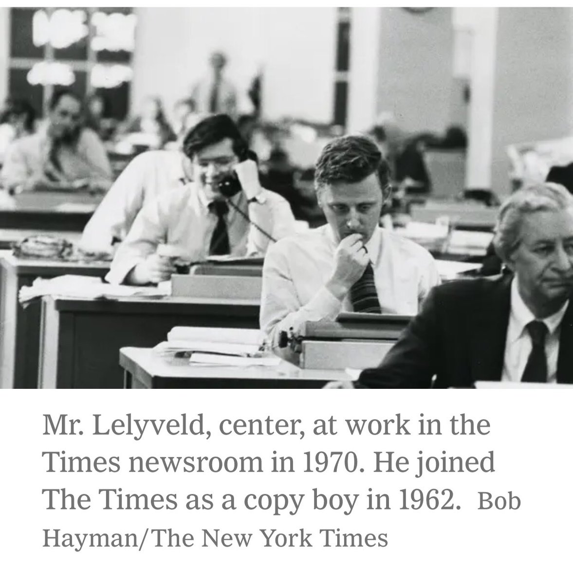 “He soon won notice on the radio-broadcast desk, crafting news bulletins for the Times-owned WQXR on the sunrise shift: eight newscasts and thousands of words a day — a sink-or-swim test of nerves and lucidity under pressure” RIP news legend Joe Lelyveld nytimes.com/2024/01/05/bus…