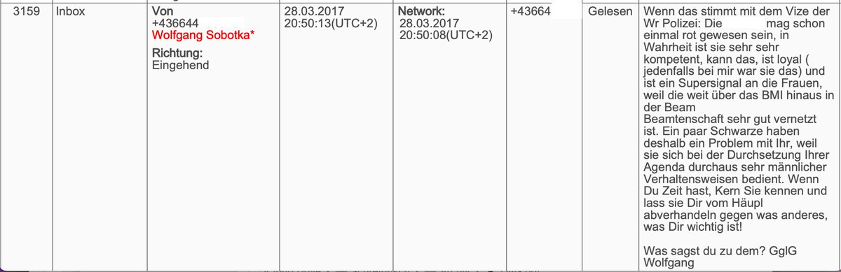 Weil man gestern und heute überall in den Medien liest und hört, Sobotka stand in Verdacht, gegen eine SP-nahe Beamtin interveniert zu haben. Das ist falsch. Er hat sich FÜR die Beamtin stark gemacht. Hier die Originalpassage aus den Chats. Kann man nicht anders deuten.