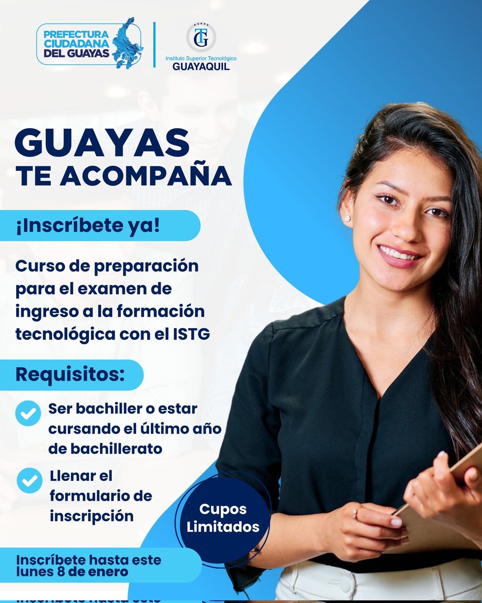 ¡Guayas te acompaña en tu formación! 📚

Si eres de la ciudad de Guayaquil ¡Esto es para ti! 
Inscríbete en los cursos de preparación para el examen de ingreso a la educación superior que brindará el Inst. Superior Tecnológico Guayaquil (<a href="/istg_ec/">Inst. Superior Tecnológico Guayaquil</a>). 👏🏻👏🏻

✅ ¿Qué necesitas? Ser