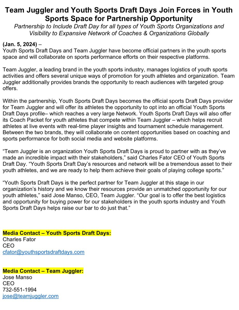 HanbyEnviro's tweet photo. Youth Sports Draft Days (Charles Fator, Tamara de Bartolo-Fator) and Team Juggler (Jose Manso) Make Exciting Huge Announcement to Start off 2024!

Get Your Team or Organization signed up for Team Juggler and make managing your operations easier:

https://t.co/qhQNbl3VCT https://t.co/z04bEjZ9Gg