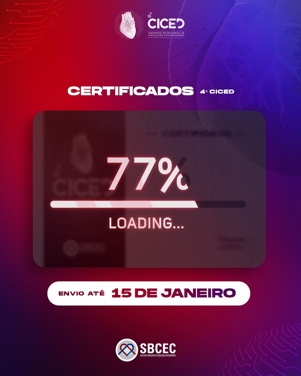 SBCEC's tweet photo. Atenção congressistas! Os Certificados de participação do 4º CICED estarão disponíveis a partir do dia 15 de janeiro!

Gostaríamos de lembrar a todos que os certificados serão enviados para o endereço de e-mail fornecido na inscrição.

#ciced #certidicado #ecmo #perfusao https://t.co/ONPJGzxvTL