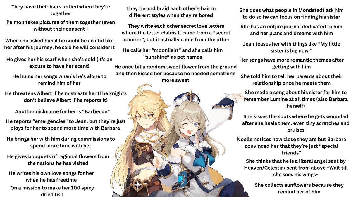 Aebsandwich's tweet photo. Aether x Barbara headcannons part 2, enough said. ^^ Part 1 is also here if you didn't see it (Credits to where I found the untied hair edits in the replies) #Genshin #GenshinImpact #Aebara #Barbaether #Ship https://t.co/VlLtNWfMoD