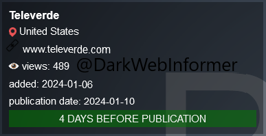 DarkWebInformer's tweet photo. Threat Actor: PLAY
Ransomware Victim: Televerde
Date: 2024-01-06
Note: Allegedly, #PLAY has named #Televerde as a victim. #Ransomware #StopRansomware #DarkWeb #DarkWebInformer #Leaks #Leaked #Cyberattack https://t.co/tr8FXqK4Ul