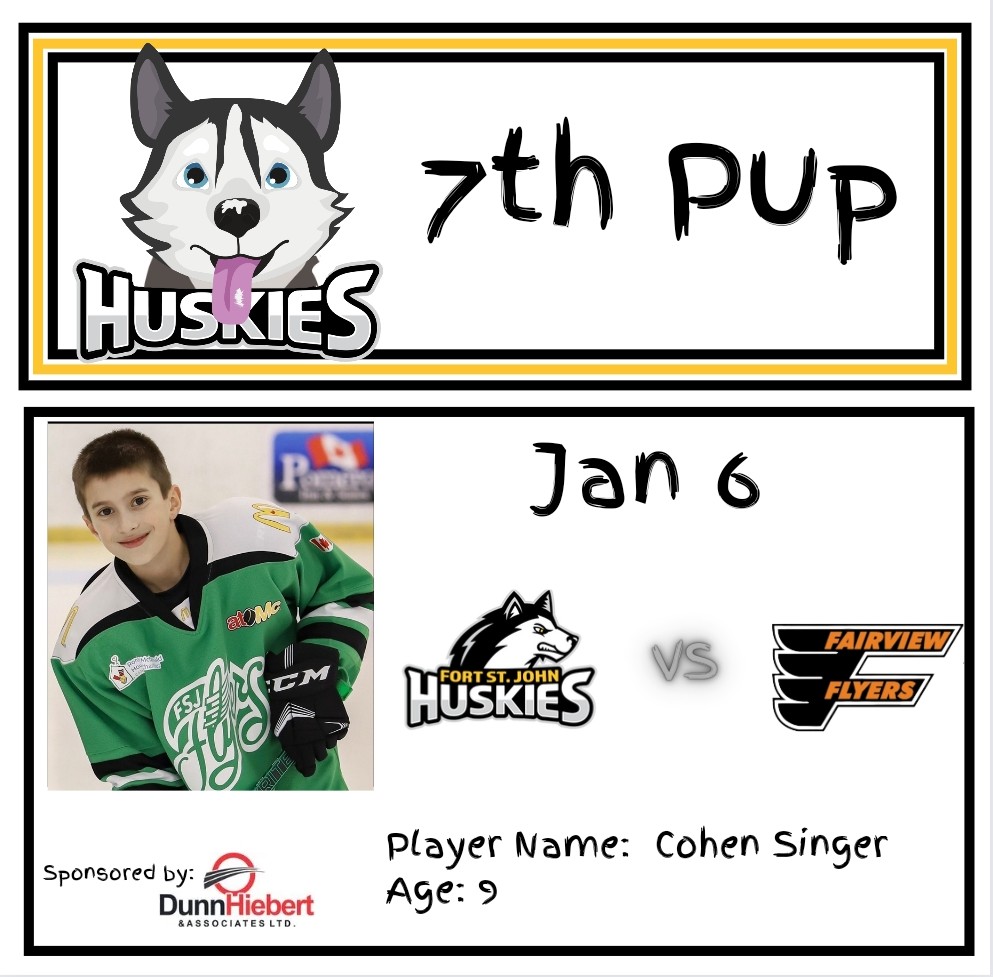 FSJHuskies's tweet photo. Huskies 7th Pup is 9 yr old Cohen Singer. Cohen will be part of our pregame routine, skate with the flag, and on ice during the national anthem.
Thanks to our 7th pup sponsor, Dunn Hiebert and Associates.
#gopupsgo #gohuskiesgo
#7thpup #NWJHL https://t.co/FkRd2lgWRv