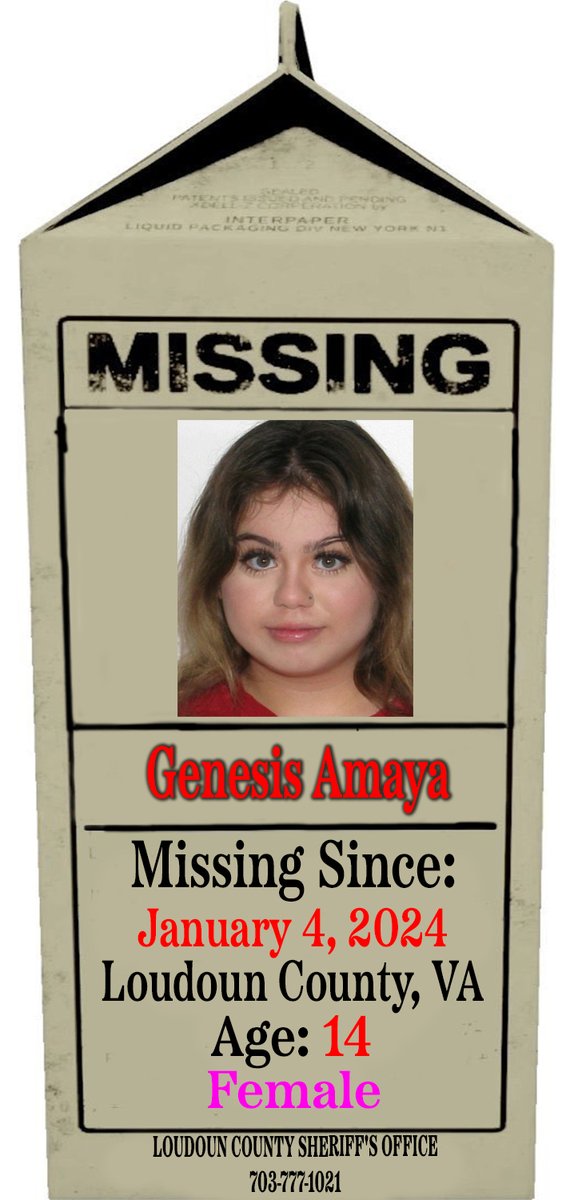 🚨🚨🚨 MISSING CHILD 🚨🚨🚨

Genesis Amaya
Age: 14
Missing Since: 01/04/24
#LoudounCounty, #Virigina 

GENESIS WAS LAST SEEN WEARING A RED HOODIE, DARK COLORED JEANS, AND A LIGHT COLORED BACKPACK. SHE HAS A TREE OF BUTTERFLIES TATTOO ON HER RIGHT FOREARM.

Please Call If You Have