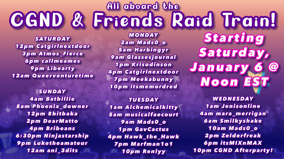 2 hours until we kick off the raid train!! Come hang out and grab your seat on the train, we'll be streaming at noon EST today!!