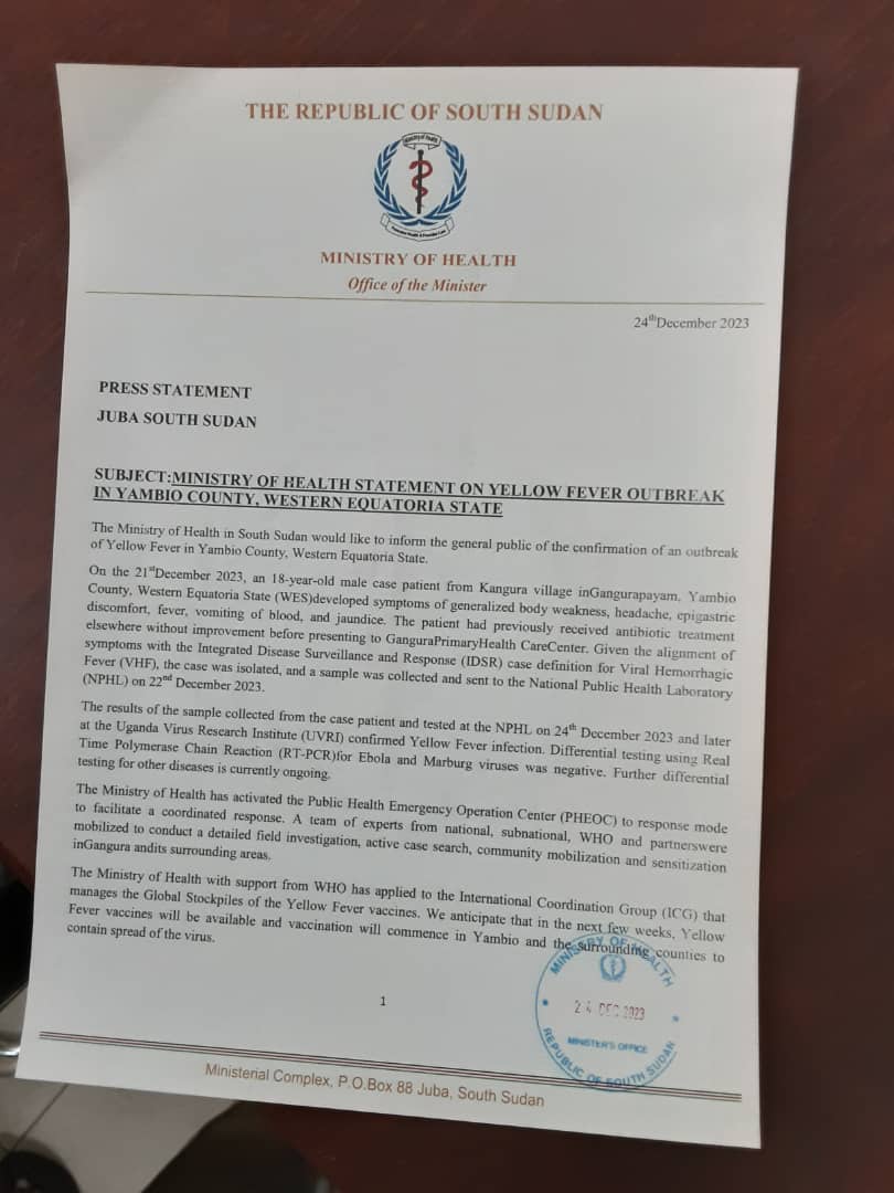 CMMBSSTweets's tweet photo. South Sudan Ministry of health confirms yellow fever out break in Yambio County Western Equatoria State. https://t.co/dWdgXIloIV